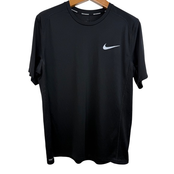 Nike Dri Fit Running T Shirt Men's M Black Short Sleeve Athletic Top Reflective - Picture 1 of 6